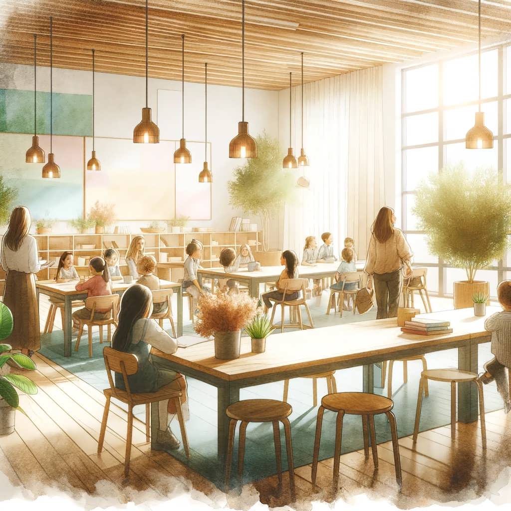 DALL·E-2023-11-30-12.44.02-Create-an-image-in-a-soft-artistic-style-using-pastel-colors-and-watercolor-textures-depicting-a-modern-and-natural-looking-classroom-in-a-Waldorf-